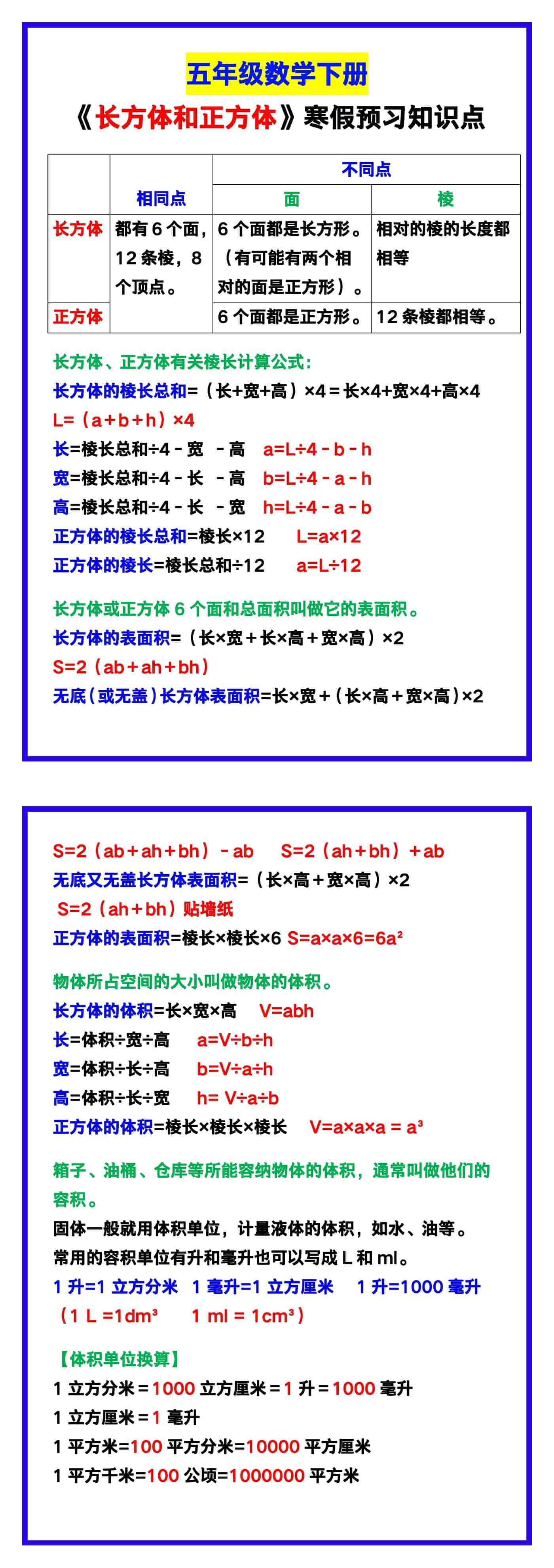 五年级数学下册《长方体和正方体》寒假预习知