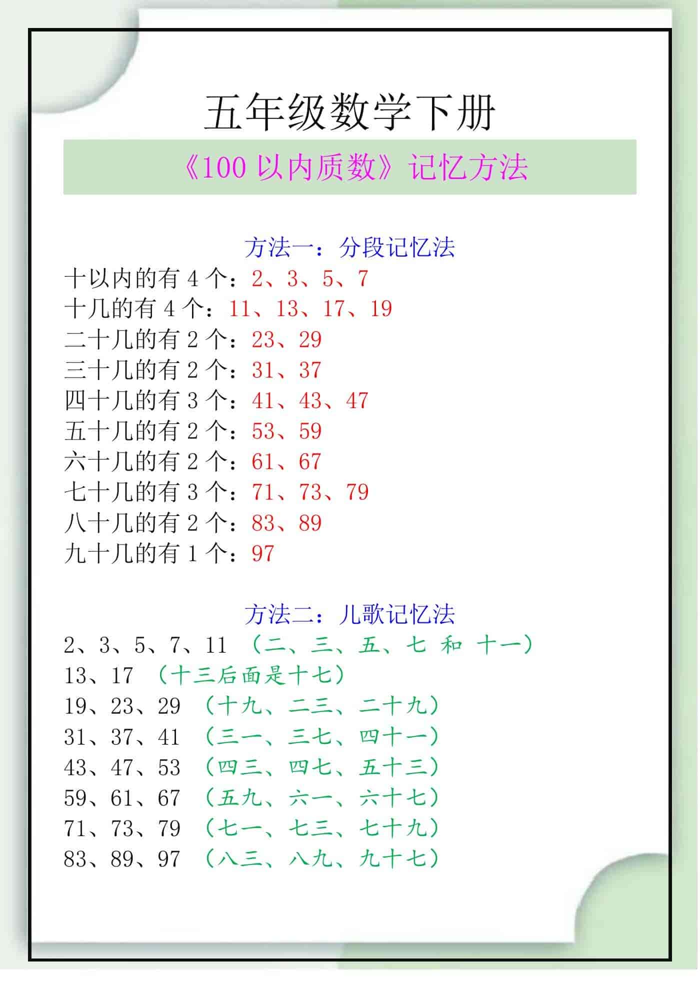 五年级数学下册《100以内质数》记忆方法