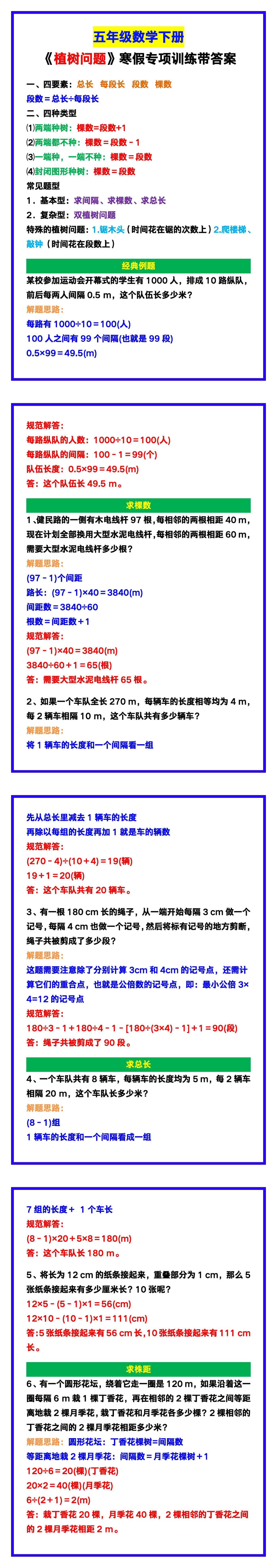 五年级数学下册《植树问题》寒假专项训练！