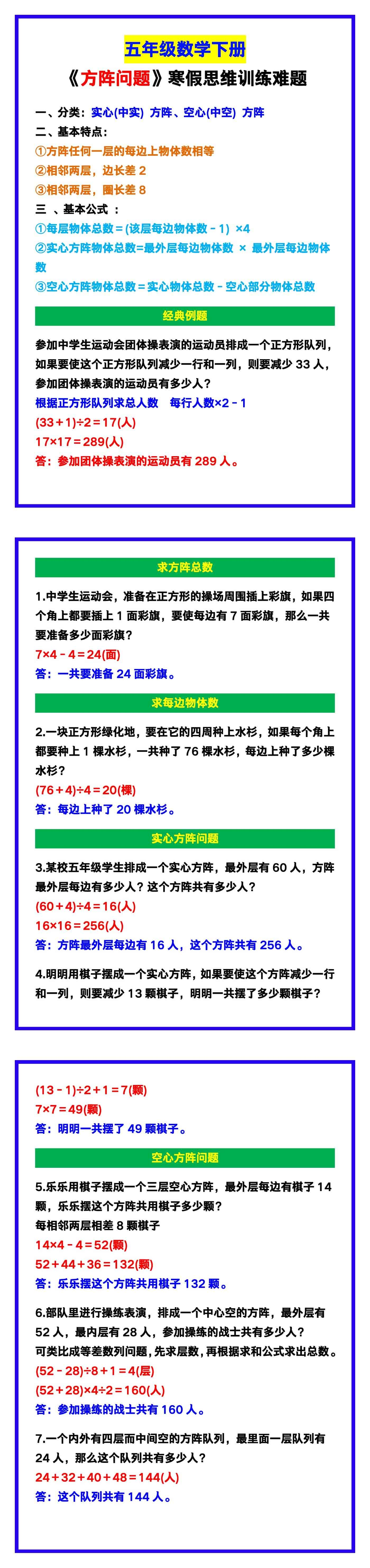 五年级数学下册《方阵问题》，寒假思维训练难