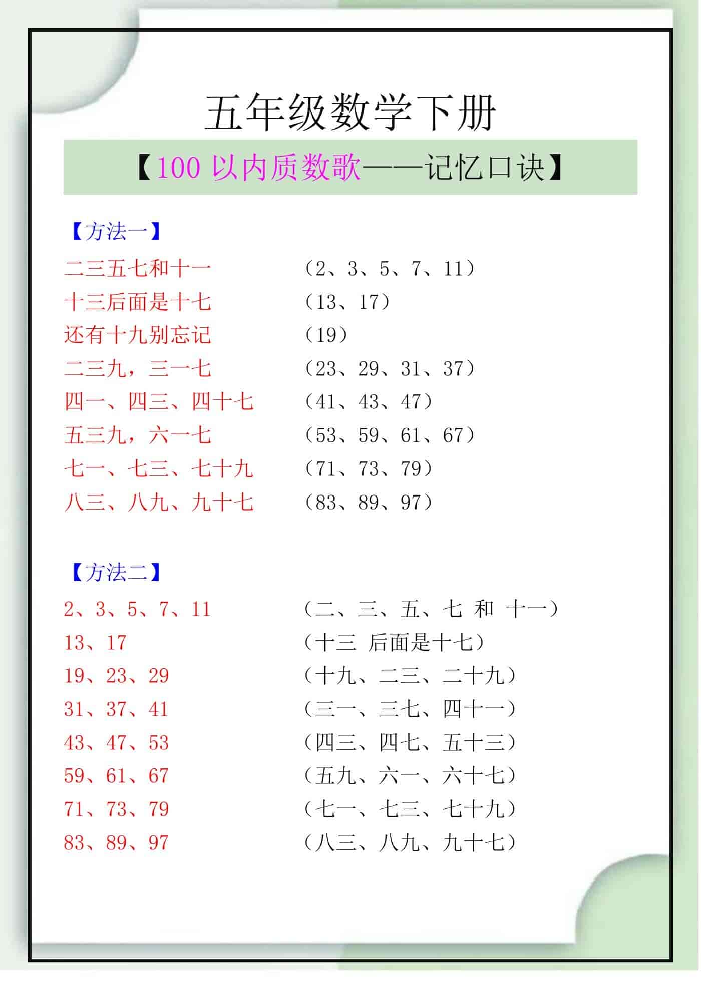 五年级数学下册100以内质数歌