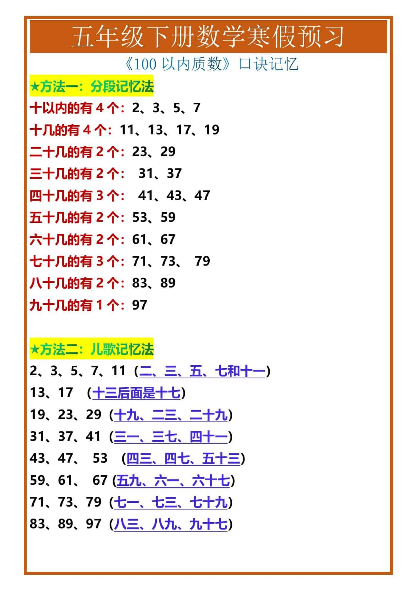 五年级下册数学《100以内质数》口诀记忆