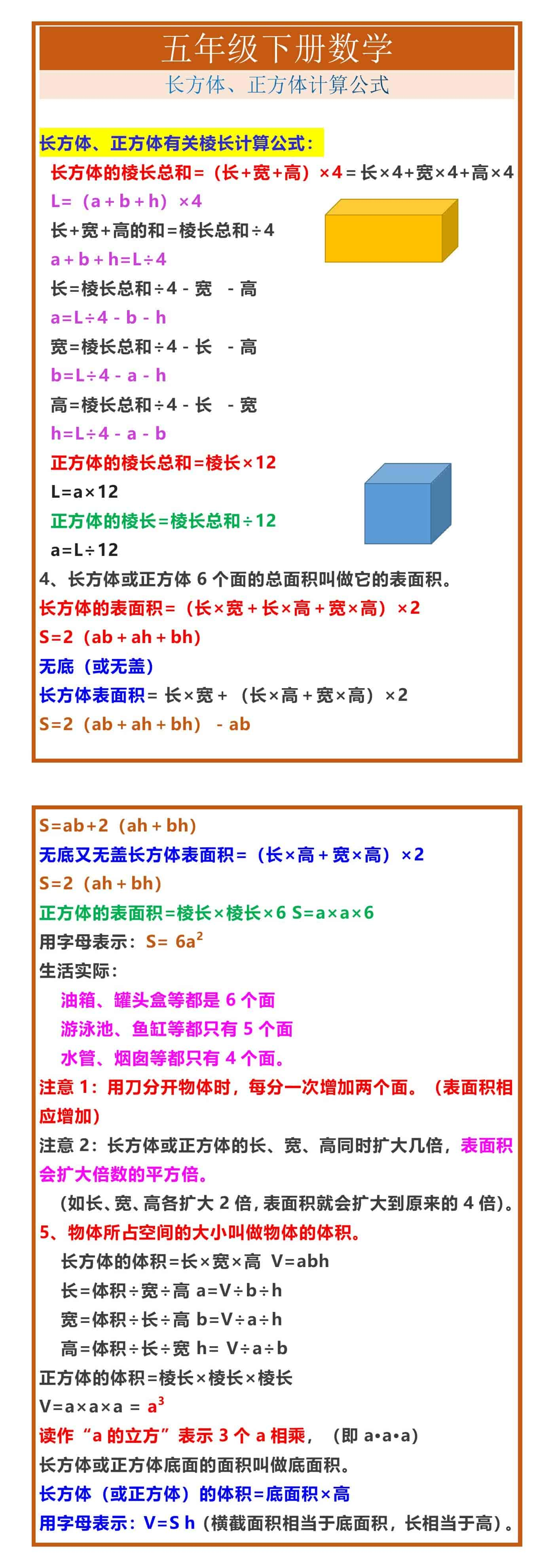 五年级下册数学长方体、正方体计算公式