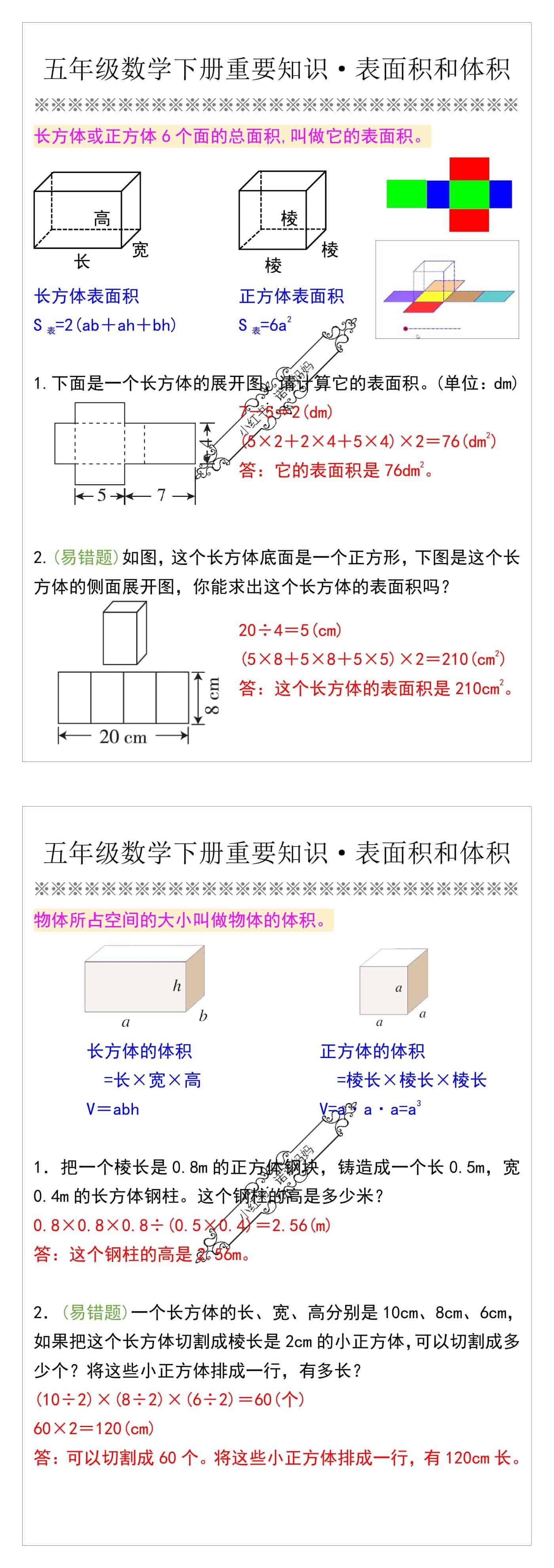 五年级数学下册重要知识·表面积和体积