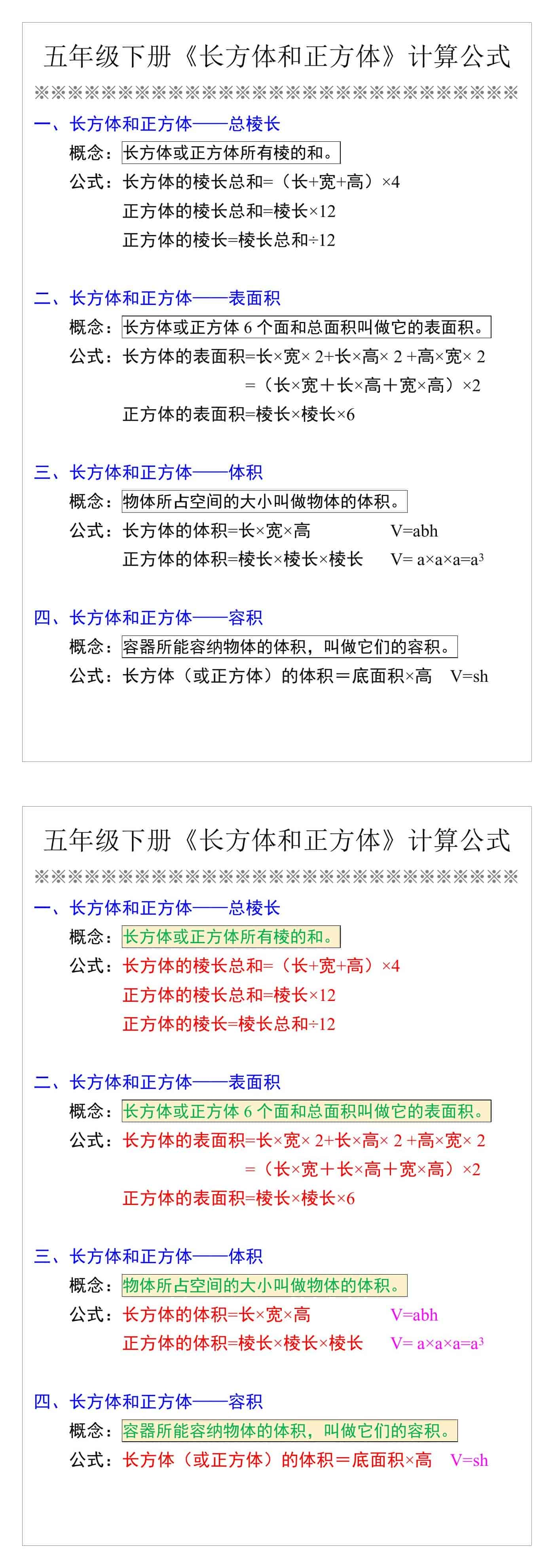 五年级下册《长方体和正方体》计算公式