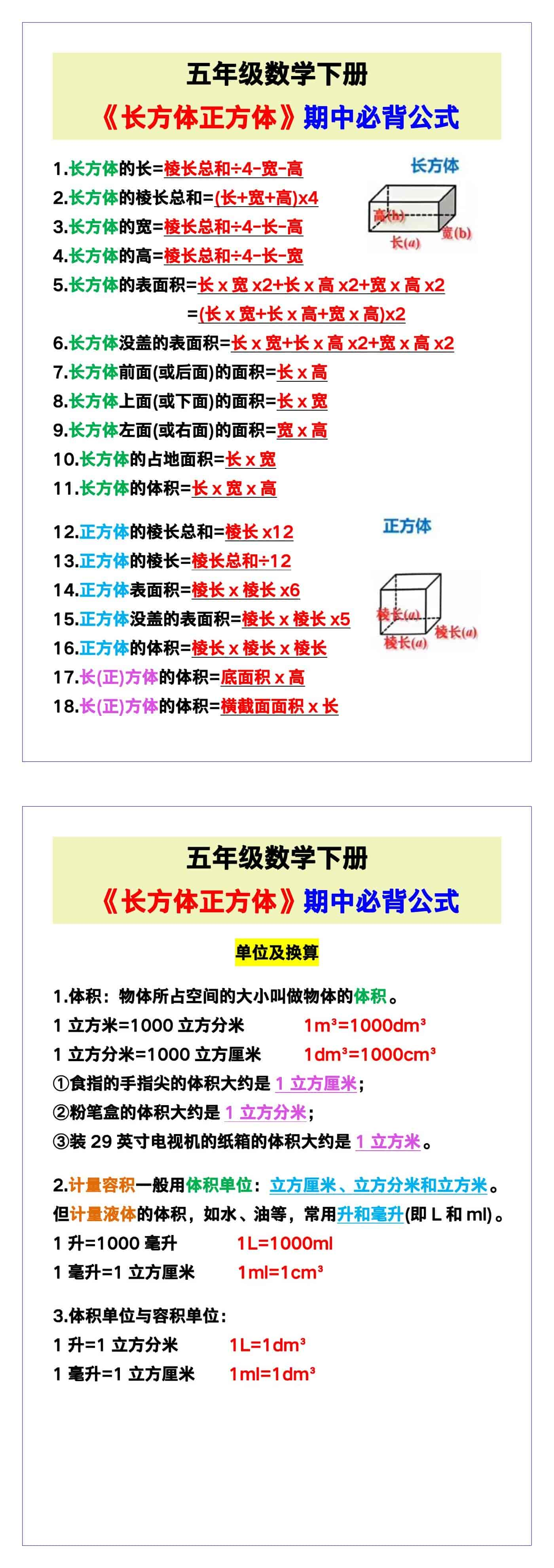 五年级数学下册《长方体正方体》期中必背公式