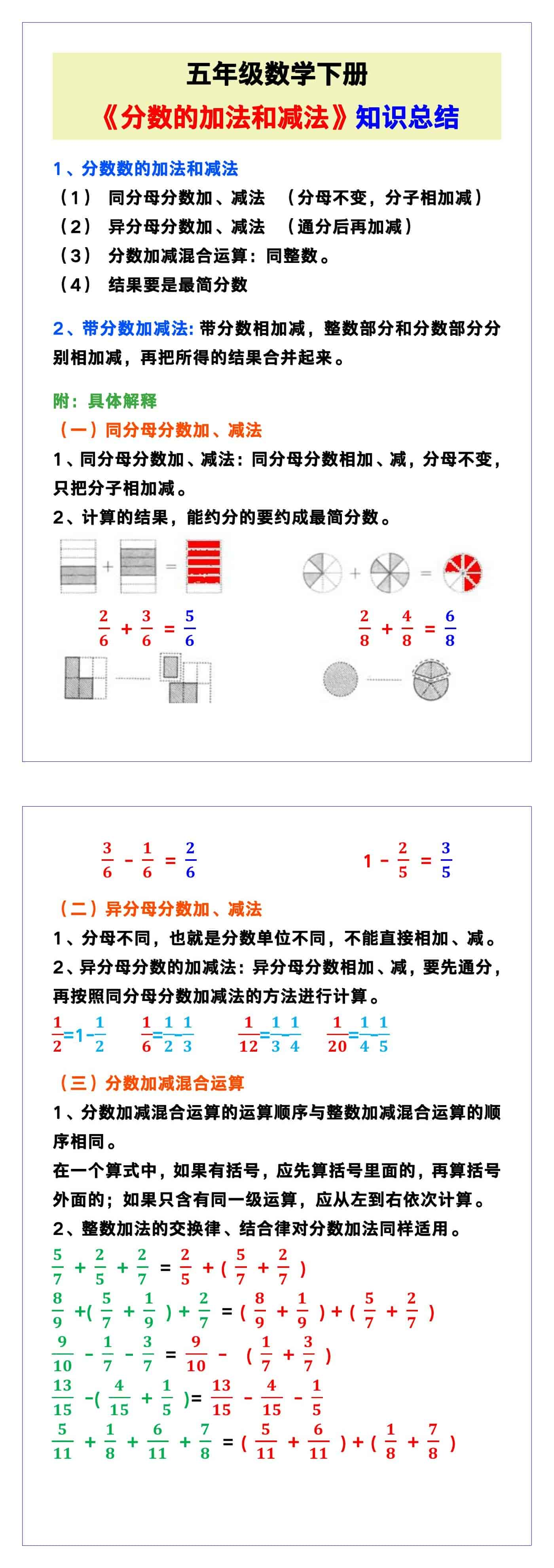 五年级数学下册《分数的加法和减法》知识总结