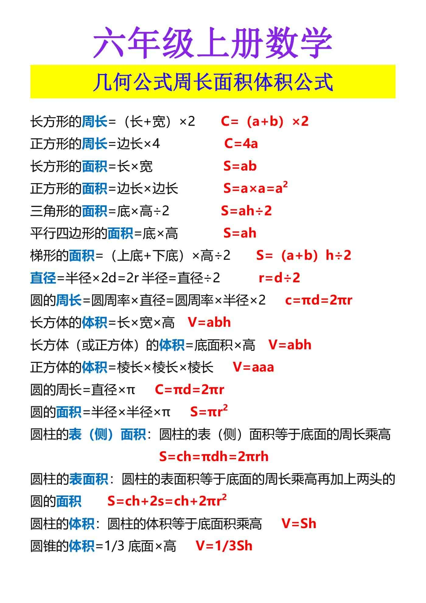 六年级上册数学 几何公式周长面积体积公式